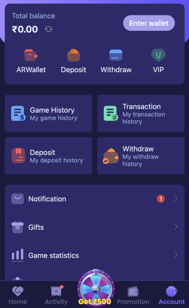 Wallet and account tools on Shree Win
